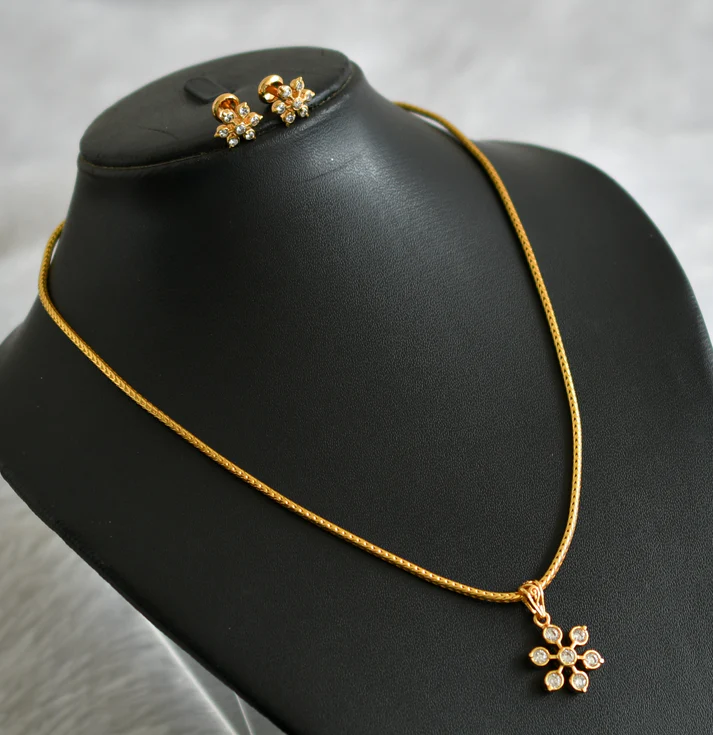 Gold tone CZ White stone Flower Pendant set